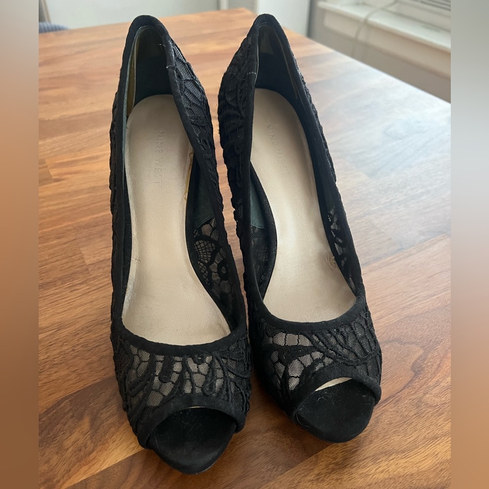 Nine West Black Lace Peep Toe Heels